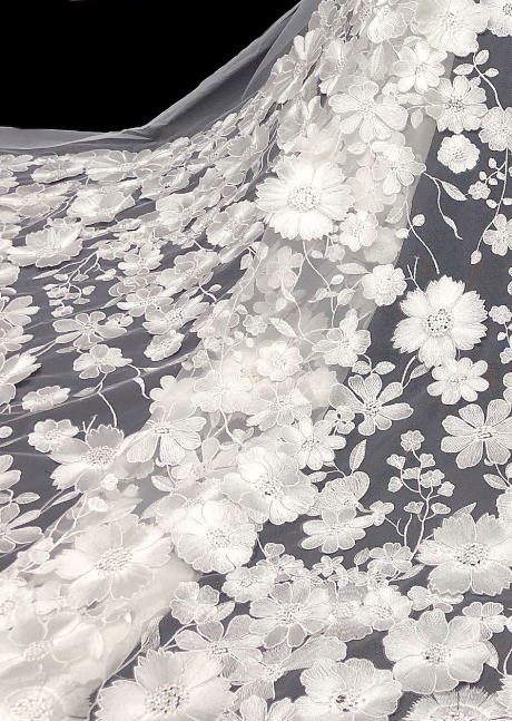Embroidered Daisy/Lavender Applique Tulle - White