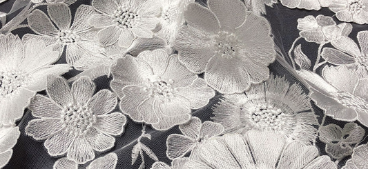 Embroidered Daisy/Lavender Applique Tulle - White