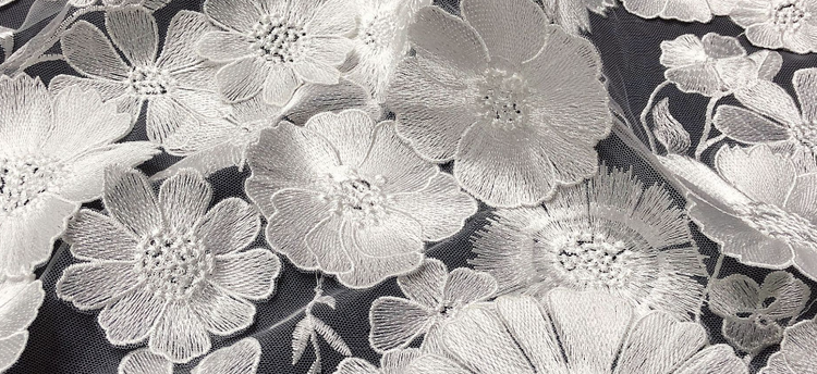 Embroidered Daisy/Lavender Applique Tulle - White