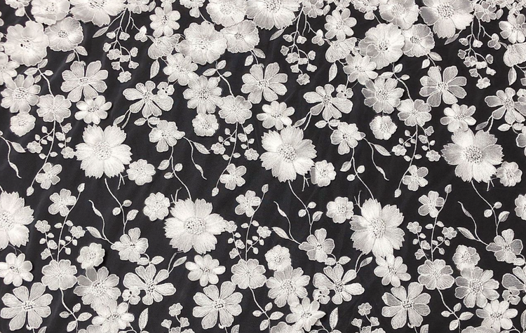 Embroidered Daisy/Lavender Applique Tulle - White