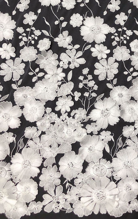 Embroidered Daisy/Lavender Applique Tulle - White