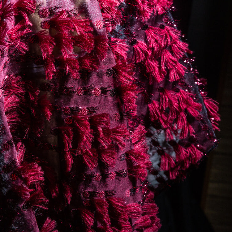 Organza Dobby - Metallic & Faux Fur Fringing - Dark Red