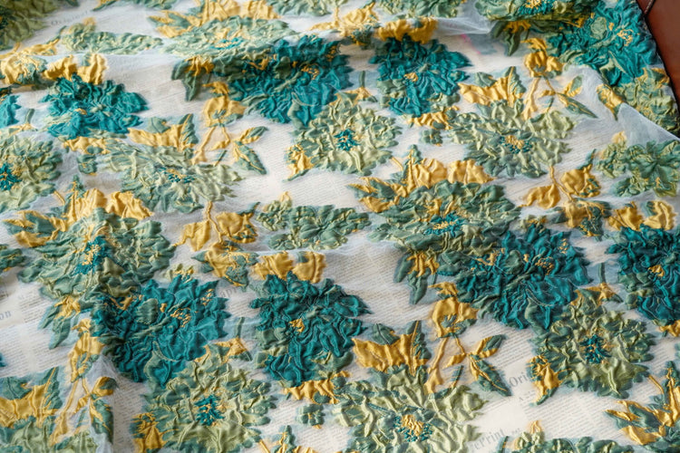 Floral Brocade Organza - Sage Green/Teal