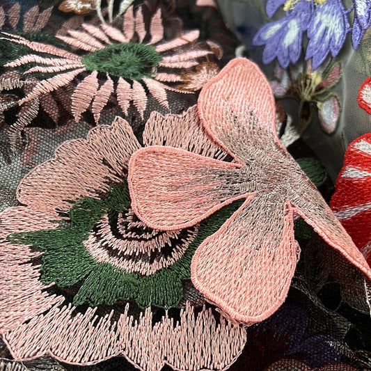 Flower Garden Embroidery Appliqué Tulle - Pink/Thistle