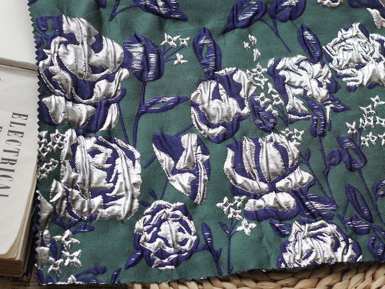 Raised Rose Vine Brocade - Metallic - Silver/Green