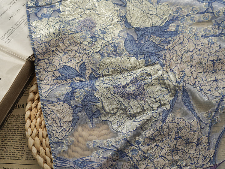 Metallic Floral/Birds Brocade Organza - Light Blue/Pale Pink