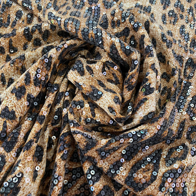 Sequinned Leopard Print Lycra/PET Jersey - Tan/Black