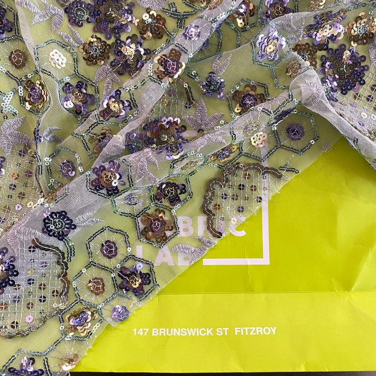 Geometric Floral Vine Sequined Tulle - Lavender/Pale Green