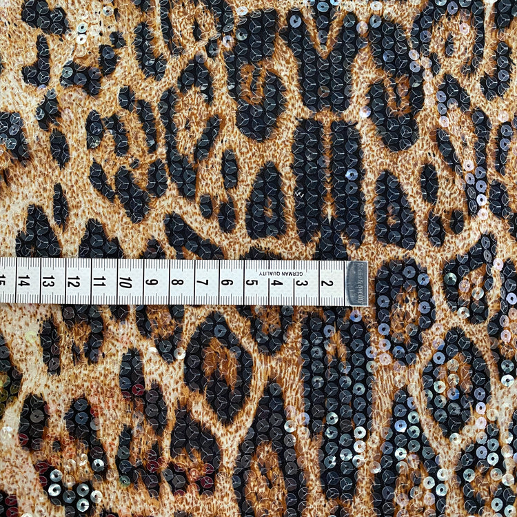 Sequinned Leopard Print Lycra/PET Jersey - Tan/Black