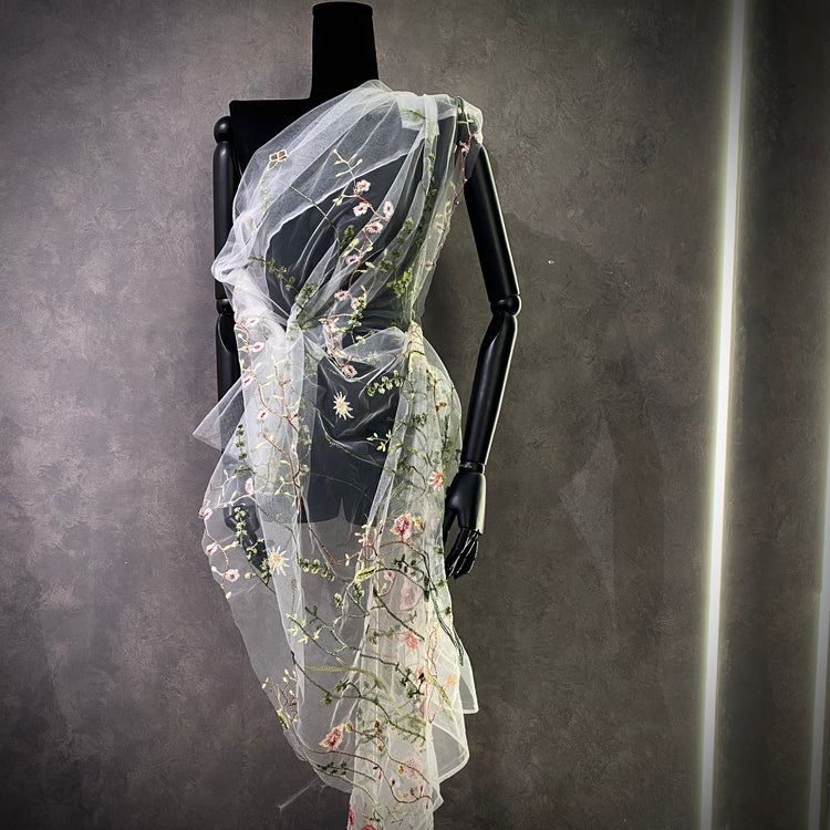 Wildflower Meadow Embroidered Tulle - Green/White