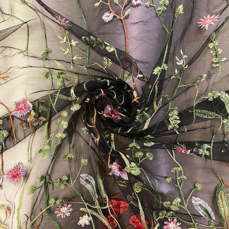 Wildflower Meadow Embroidered Tulle - Green/Black