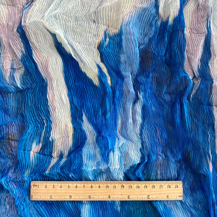 Flame Print Plisse Chiffon - Powder Blue / Cerulean / Sea Green
