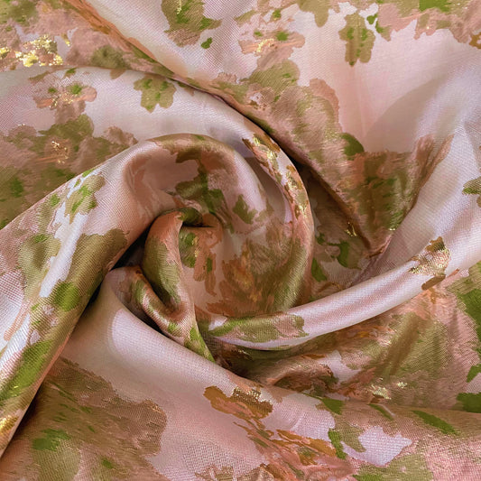 Large Flower Blossom Motif Brocade - Metallic - Pale Pink/Gold/Green