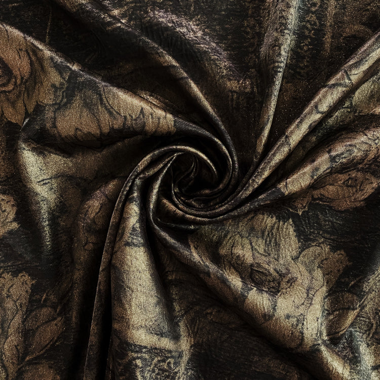 Floral Relief Metallic Satin - Antique Brass / Black