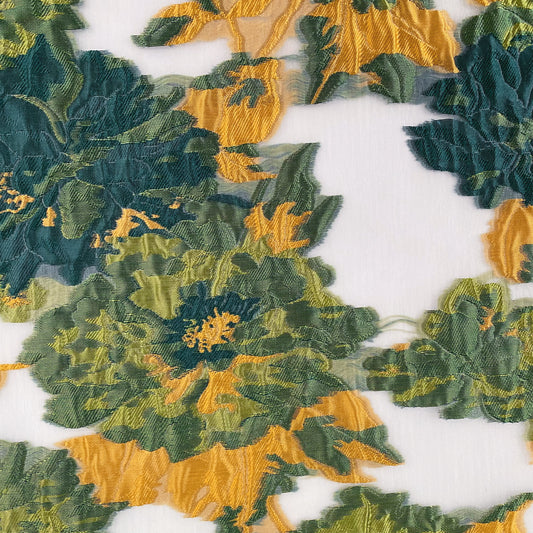 Floral Brocade Organza - Sage Green - Teal - Gold