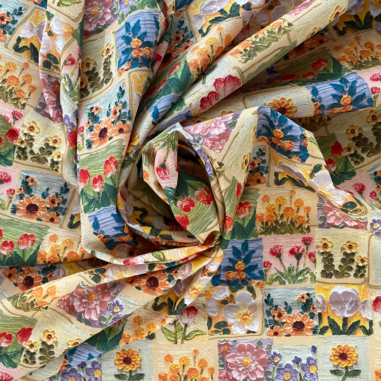 Oil-Painted Floral Blocks Cotton Lawn - Yellow