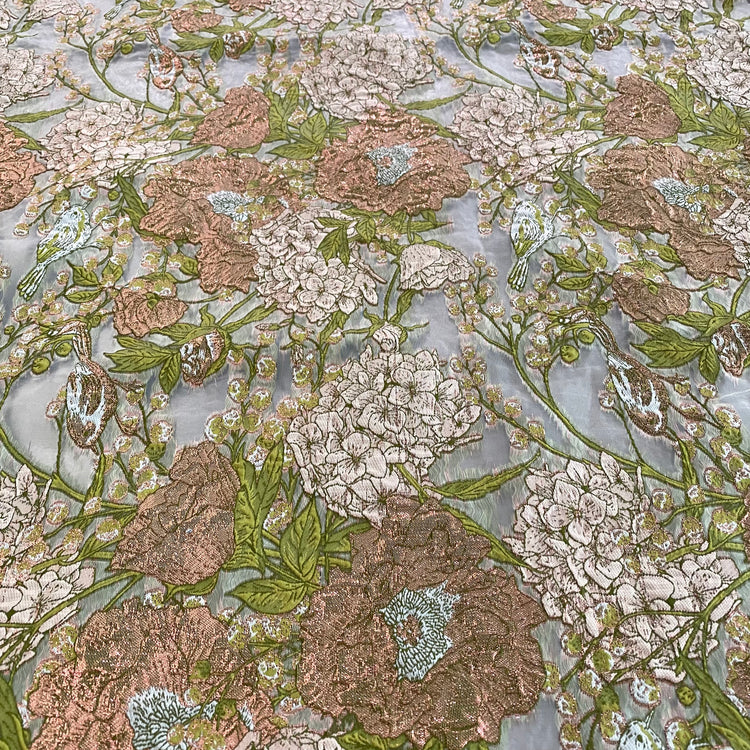 Metallic Floral/Birds Brocade Organza - Light Green/Pale Coral