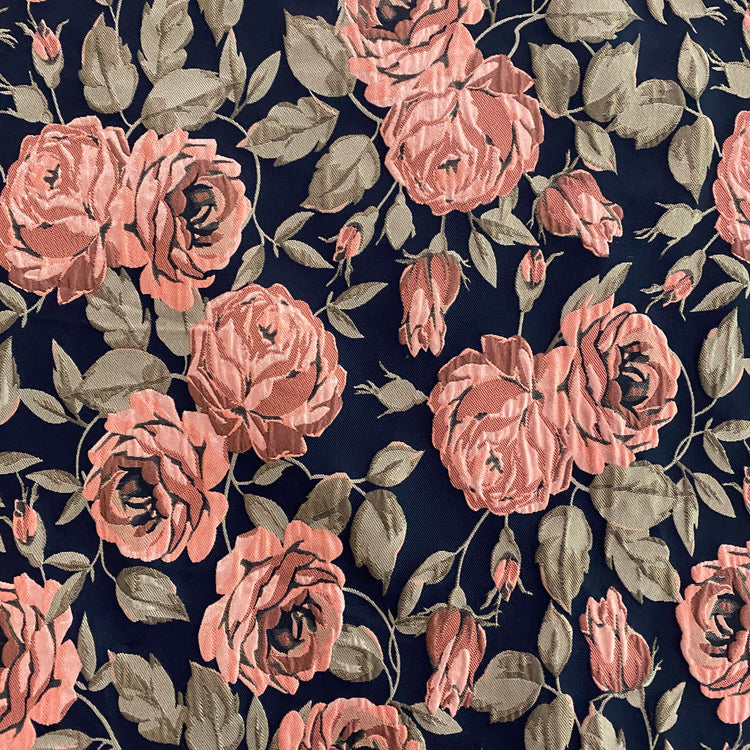 Winter Rose Cloqué Brocade - Pink / Tan / Navy