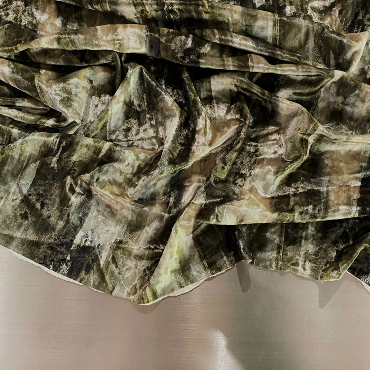 Brush Stroke Camo Stretch Velvet - Dark Olive Green / Papaya Whip