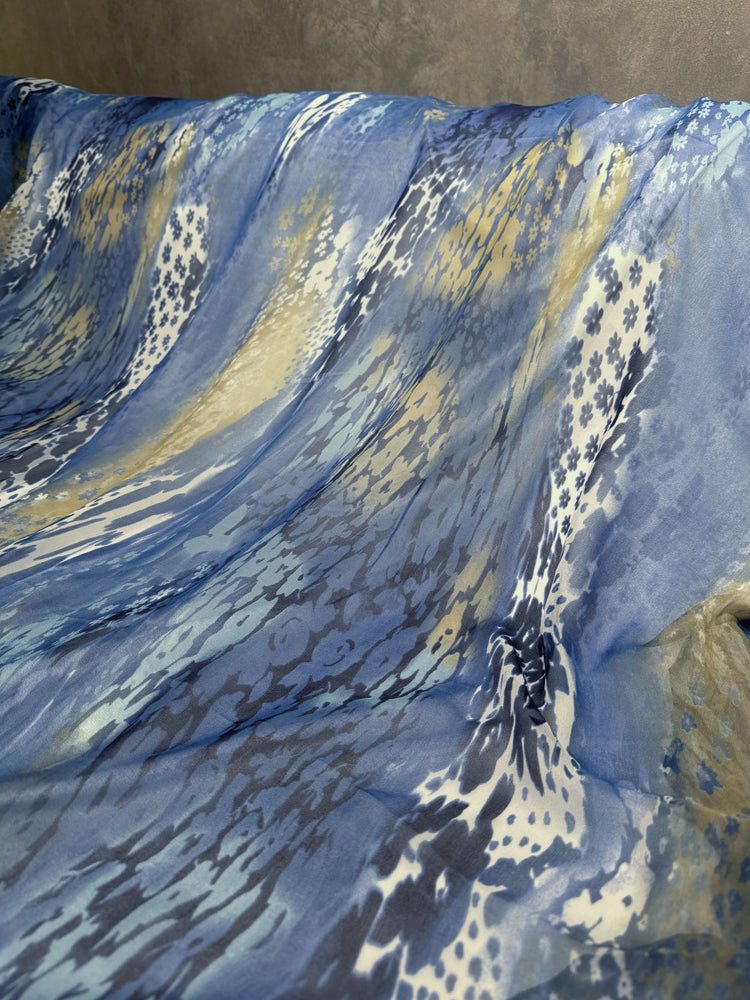 Floral River Current Silk Chiffon - Steel Blue/Pale Goldenrod