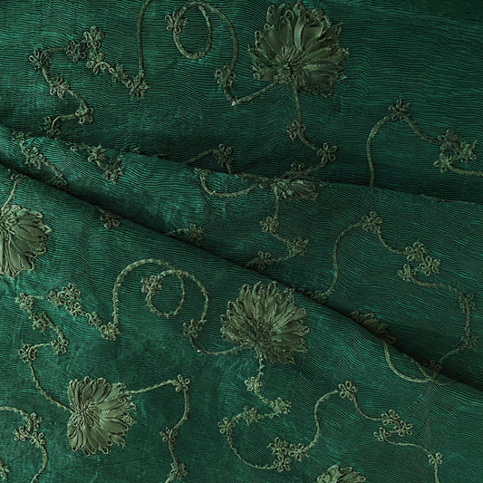 Bonded Plisse with 3D Floral Embroidery - Green