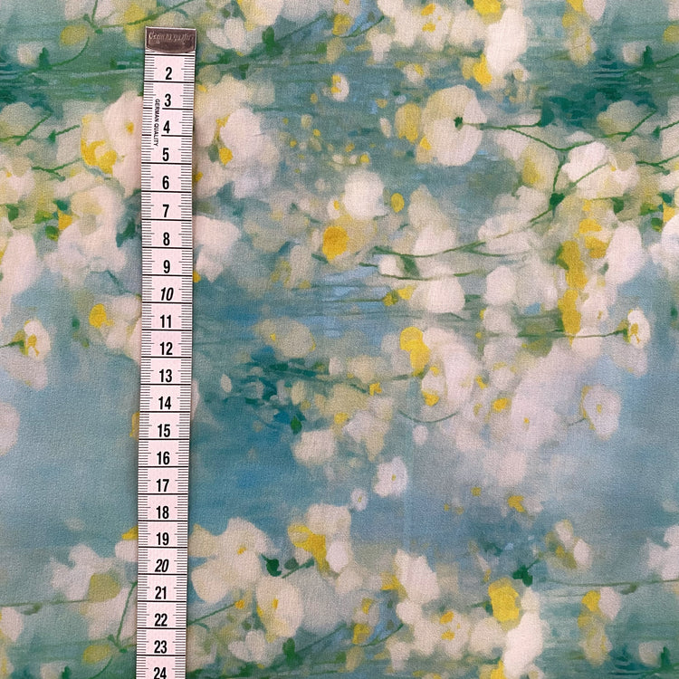 Dreamy Watercolour Blossoms Cotton Lawn - Pale Aqua/Yellow