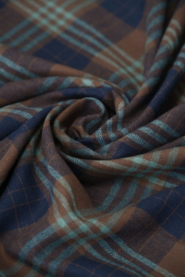 Herringbone Cotton Flannel Check - Midnight Blue/Saddle Brown