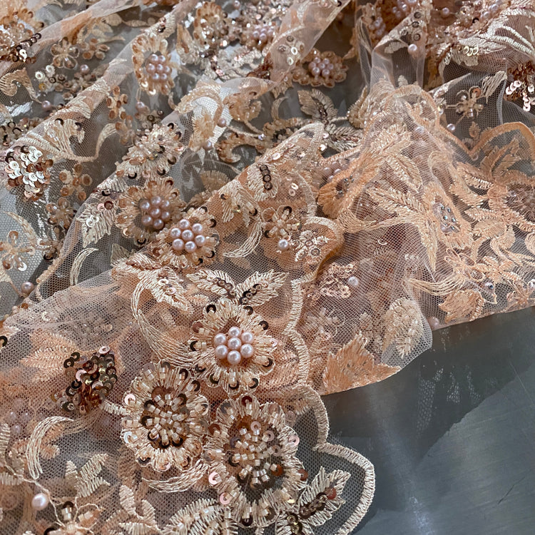 Embellished Flora Net - Light Coral Blush