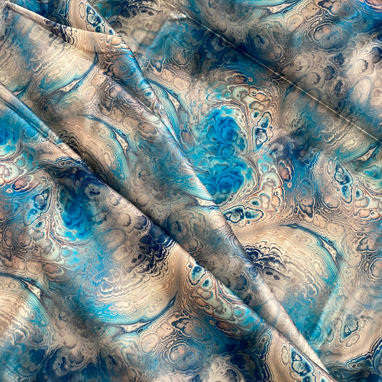 Acrylic Pour Paint Print Stretch Silk Satin - Dodger Blue