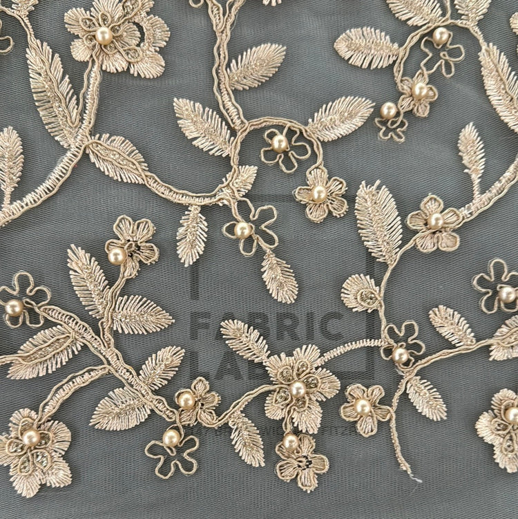 Floral Vine Embroidered/Beaded Net - Beige