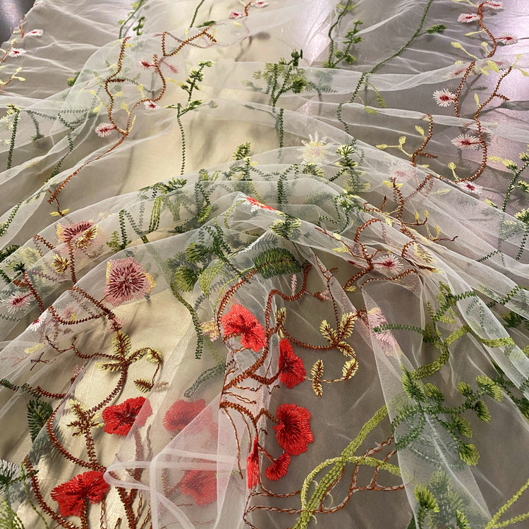 Wildflower Meadow Embroidered Tulle - Green/White