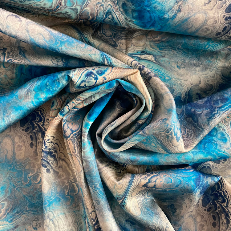 Acrylic Pour Paint Print Stretch Silk Satin - Dodger Blue