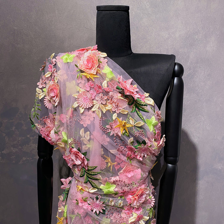 Tanti Fiori Embroidered 3D Applique Floral Tulle - Pink / Chartreuse