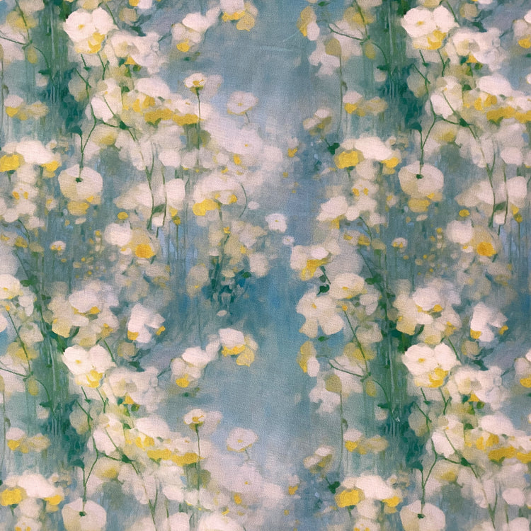 Dreamy Watercolour Blossoms Cotton Lawn - Pale Aqua/Yellow