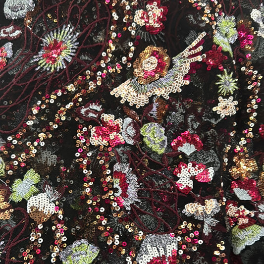 Abstract Sequinned Floral Net - Burgundy