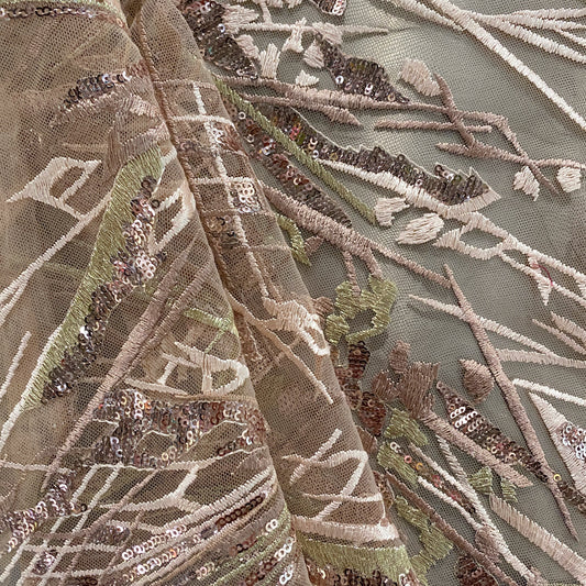 Abstract Trellis Embroidered/Sequin Tulle - Papaya Whip/Rosy Brown