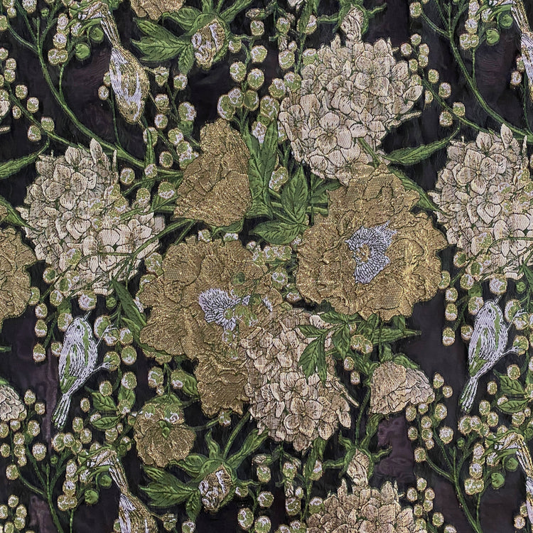 Metallic Floral/Birds Brocade Organza - Light Green/ Black