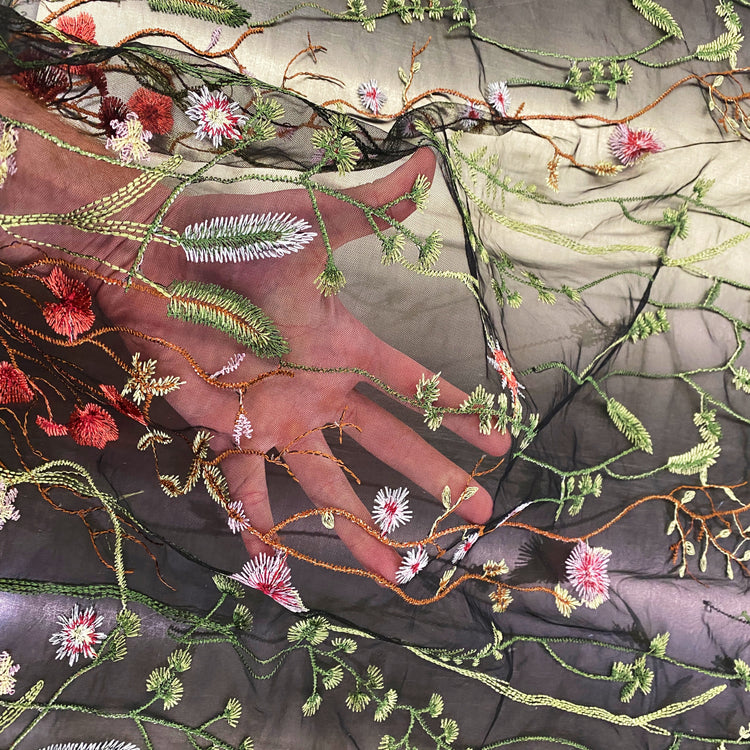 Wildflower Meadow Embroidered Tulle - Green/Black