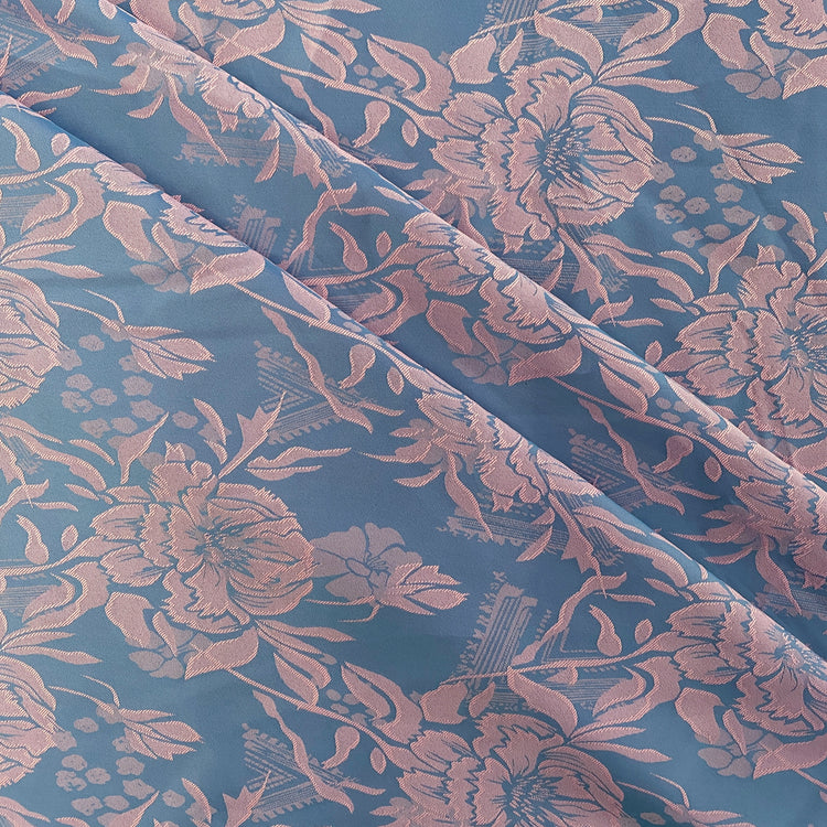 Lightweight Jacquard Layered Florals - Prussian Blue / Pink