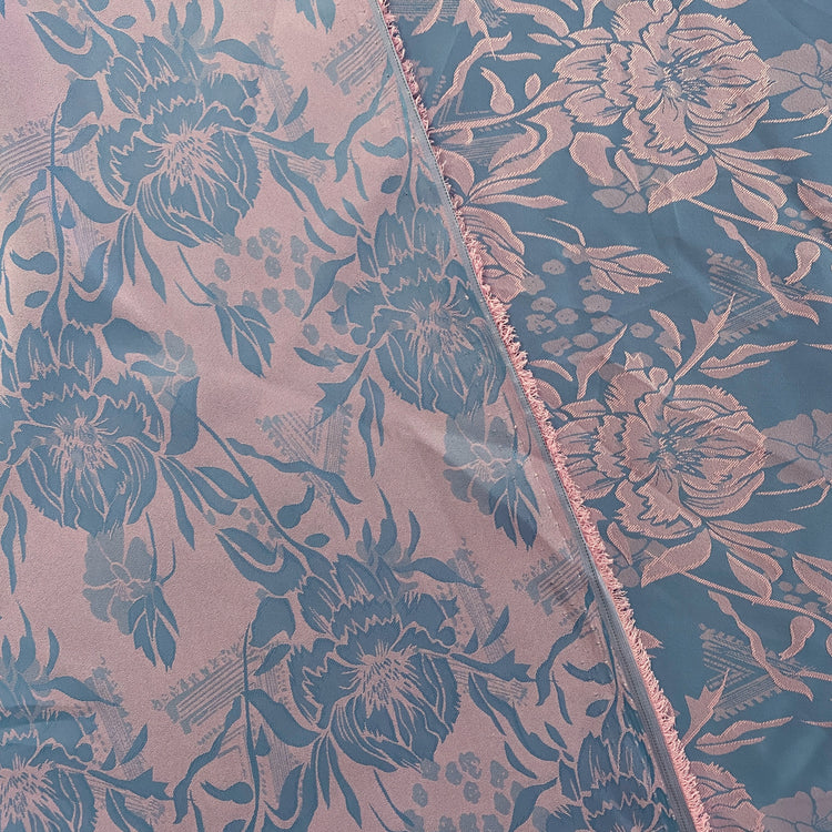 Lightweight Jacquard Layered Florals - Prussian Blue / Pink