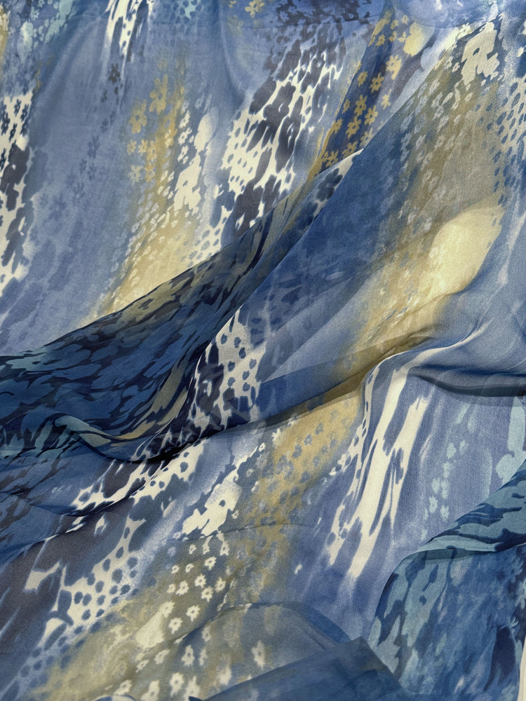 Floral River Current Silk Chiffon - Steel Blue/Pale Goldenrod