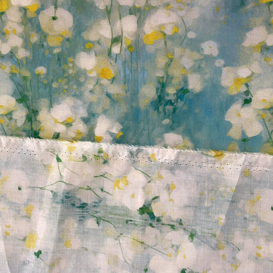 Dreamy Watercolour Blossoms Cotton Lawn - Pale Aqua/Yellow