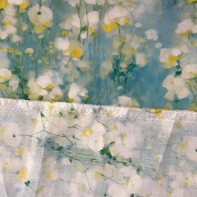 Dreamy Watercolour Blossoms Cotton Lawn - Pale Aqua/Yellow