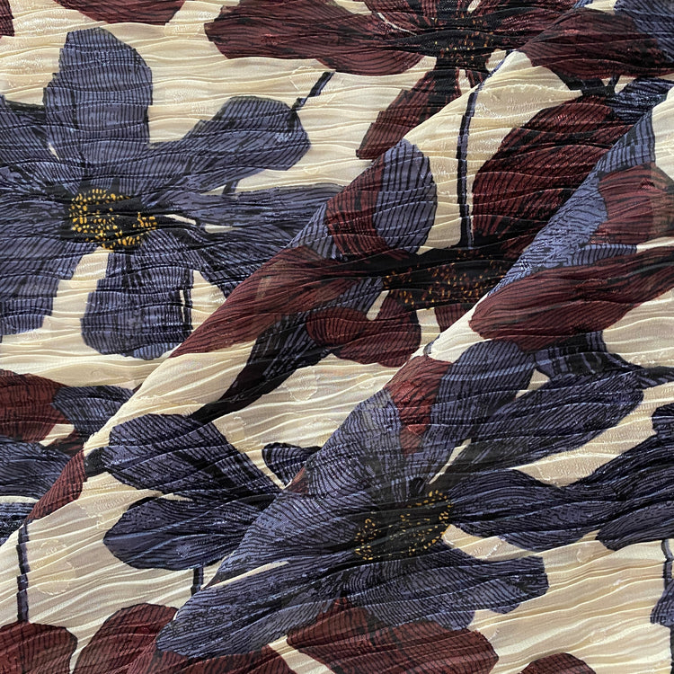 Clematis Wave Pleated Dobby Voile - Slate Blue / Bordeaux