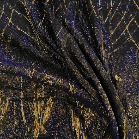 3D Raised Metallic Brocade Panel - Navy/Gold