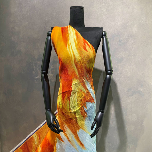 Flame Print Plisse Chiffon - Orange/Powder Blue
