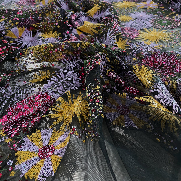 Firework Floral Sequinned Net - Black