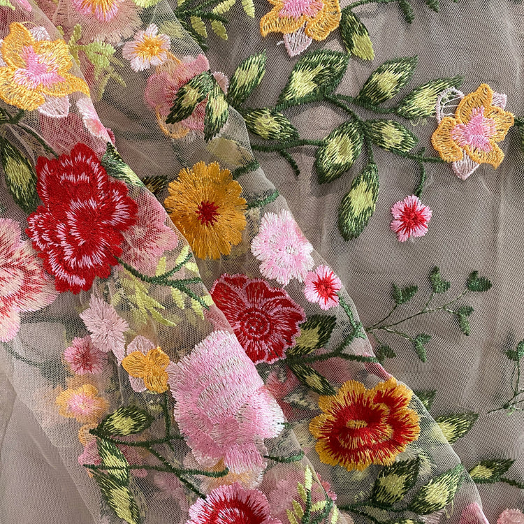 Garden Bouquet Embroidered Tulle - Pink / Forest Green