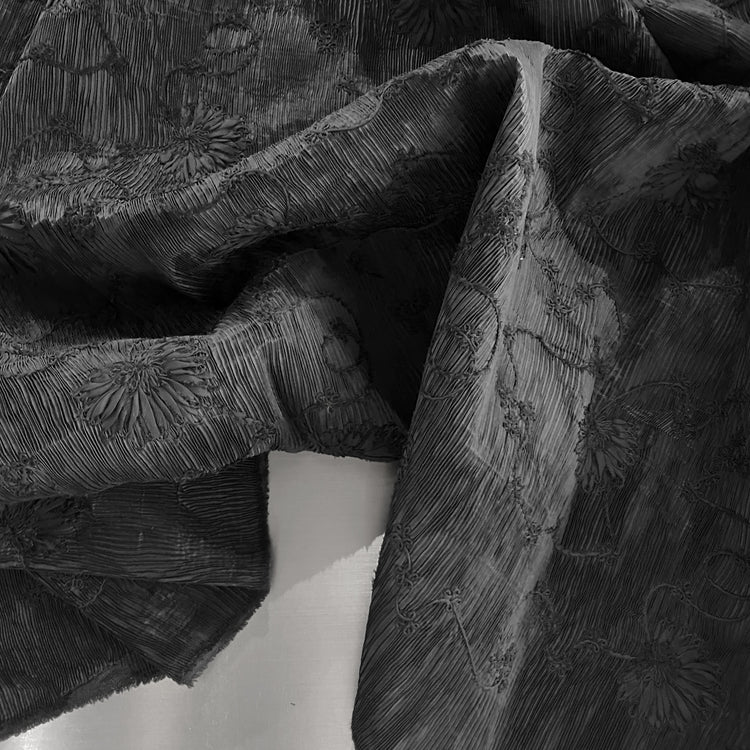 Bonded Plisse with 3D Floral Embroidery - Black