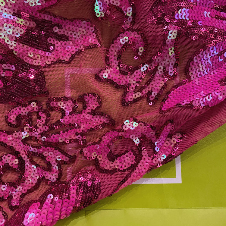 Baroque Hibiscus Sequin Embroidered Mesh - Holographic Pink / Fuchsia
